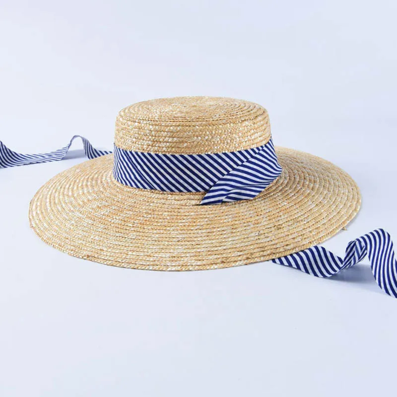 2019 New Women Wide Brim Wheat Straw Hats Summer Beach Sun Hat with Navy Blue Striped Ribbon Tie Boater Hat Vocation Derby Cap