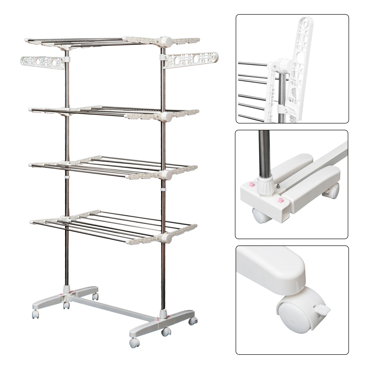 Homcom tendedero ple gable 4 niveles con 6 ruedas estantes acero 80-142x55x172 cm – Detail 12