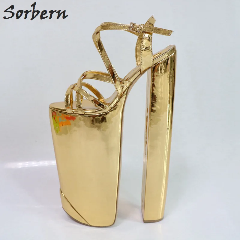 Sorbern Gold Shiny Women Sandals Extreme Chunky Heeled Thick Platform Summer Shoes Show Display Sandals Slingbacks DIY Heels