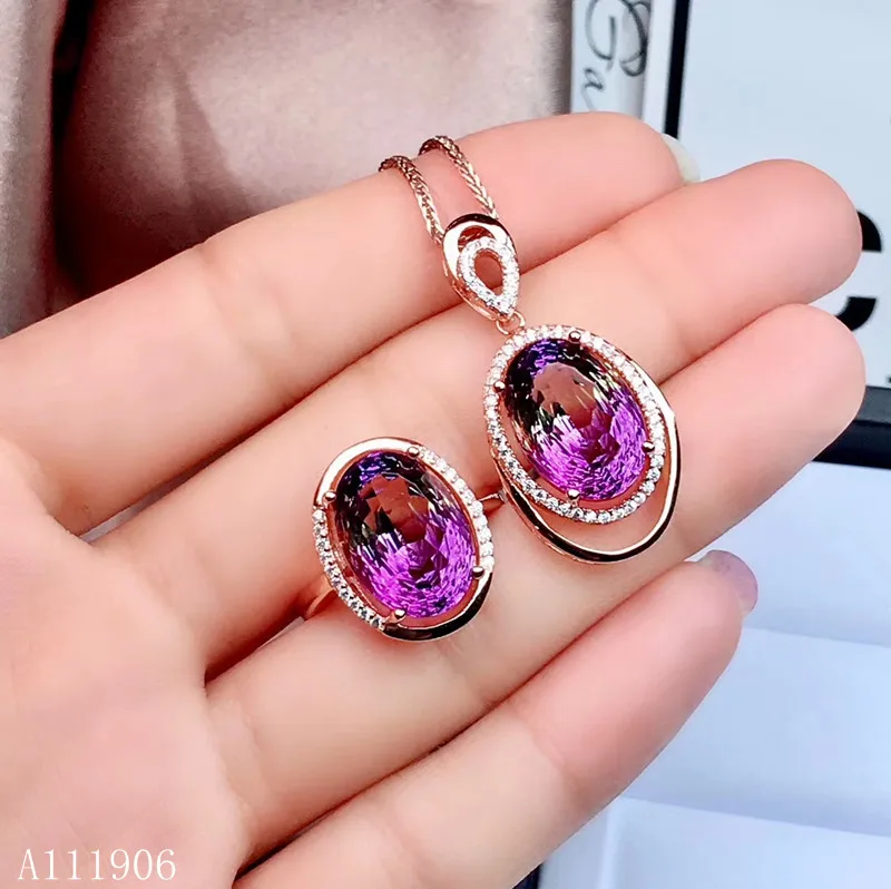 

KJJEAXCMY boutique jewelry 925 sterling silver inlaid gemstone purple yellow crystal female pendant necklace ring 2 piece set