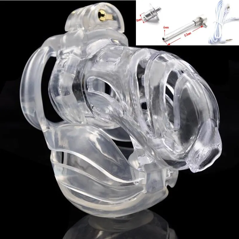 Latest Male 3D Cock Cage Resin Penis Ring Scrotum Bondage Lock Electric Shock Chastity Device Adult BDSM Sex Toy Red Clear A390