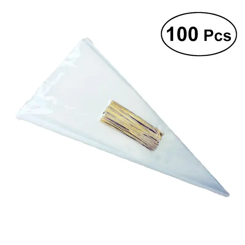 100PCS DIY Candy Bag Transparent Cone Bags Clear Cello Gift Bags Sweets Treat Bags With Gold Twist Ties Pouches Decoration