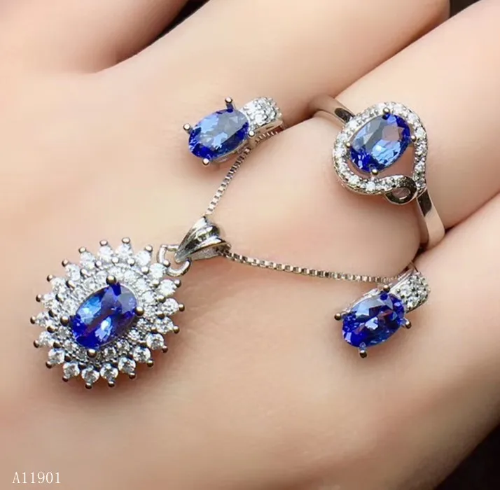 

KJJEAXCMY exquisite jewelry 925 Silver-inlaid Natural Tanzanite Female Pendant Ring, Necklace, Earring and Ear Nail Set Support