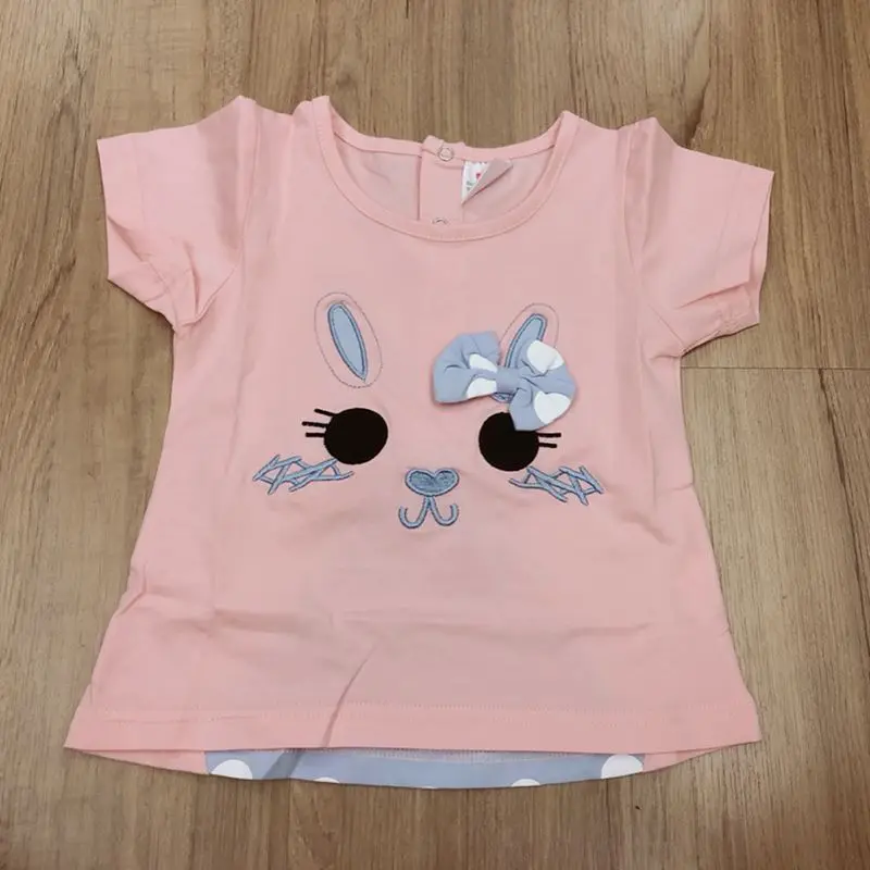 2024 Summer 2 3 4 5 6 8 Year Children Baby White Pink Cotton Cartoon Cat Dot Bowknot Patchwork Short Sleeve Kids Girl T-Shirt