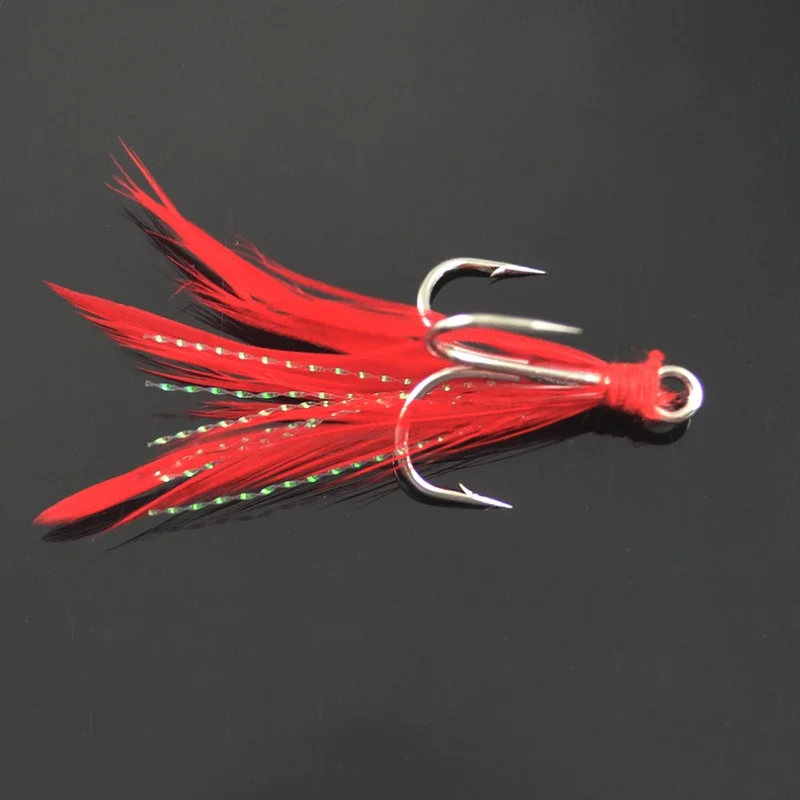 MNFT 10PCS 4#&6# Red And White Super Strong Tank Feathered Treble Hooks Insects Trap Bait Fish Fly Lure