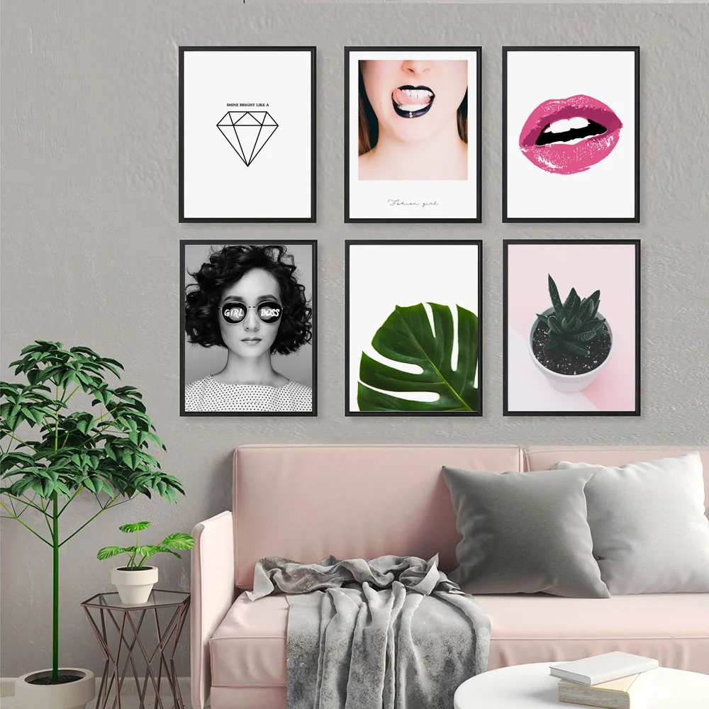 Fashion Girl Boss Lips Green Plant Modern Nordic Posters and Prints Wall Art Canvas Painting Wall Pictures for Living Room Decor