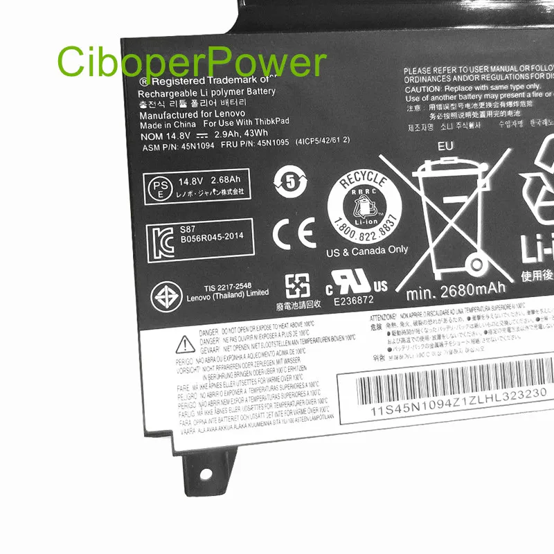 Ordenador portátil de calidad Original, batería para 45N1169, 45N1168, 45N1095, 45N1094, 45N1092, 45N1093, S230U