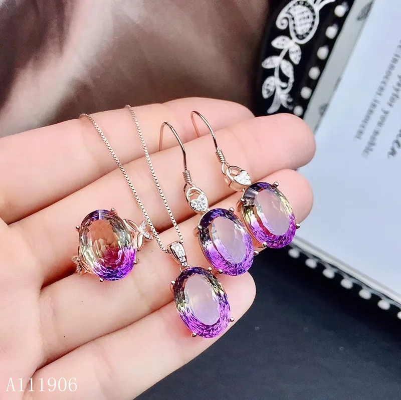 

KJJEAXCMY Boutique Jewelry 925 Sterling Silver Inlaid Amethyst Gemstone Female Ring Necklace Pendant Earrings 3 Sets of New Larg