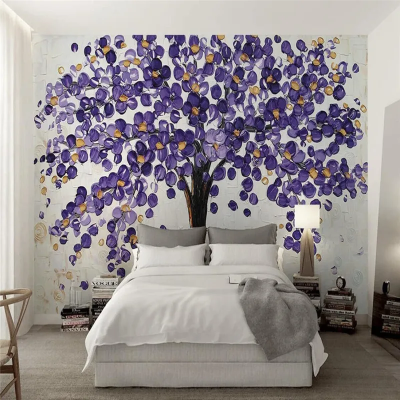 A tree purple flowers painting style simple Nordic TV background wall professional production wallpaper mural custom photo wall