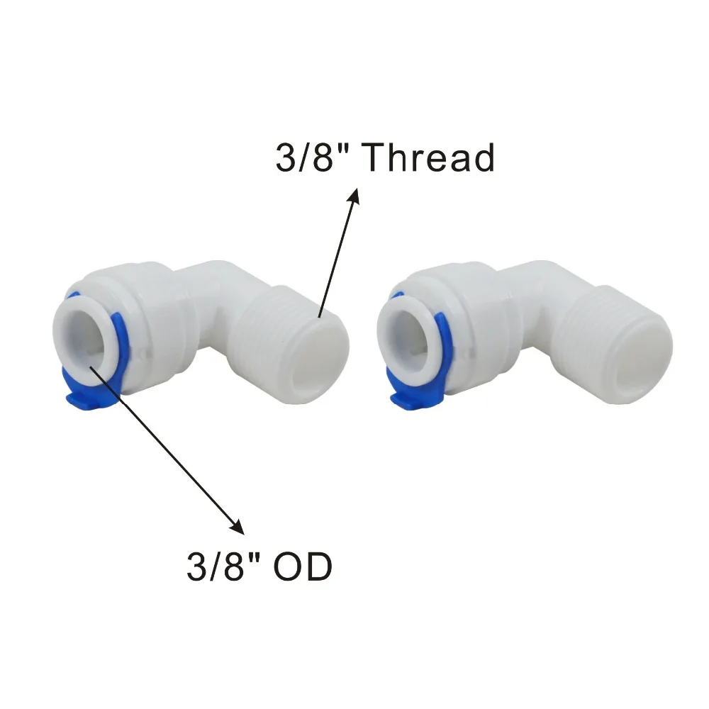 ชายข้อศอก 3/8 "x 3/8" เชื่อมต่ออย่างรวดเร็วสำหรับระบบ RO และกรองน้ำ-2 แพ็ค