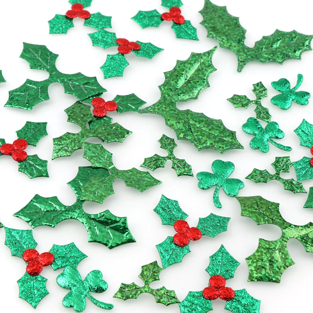 100pcs Table Decoration Holly Berries and Leaves Appliques for Christmas Decoration ,Stick-on DIY  Laser Green Color