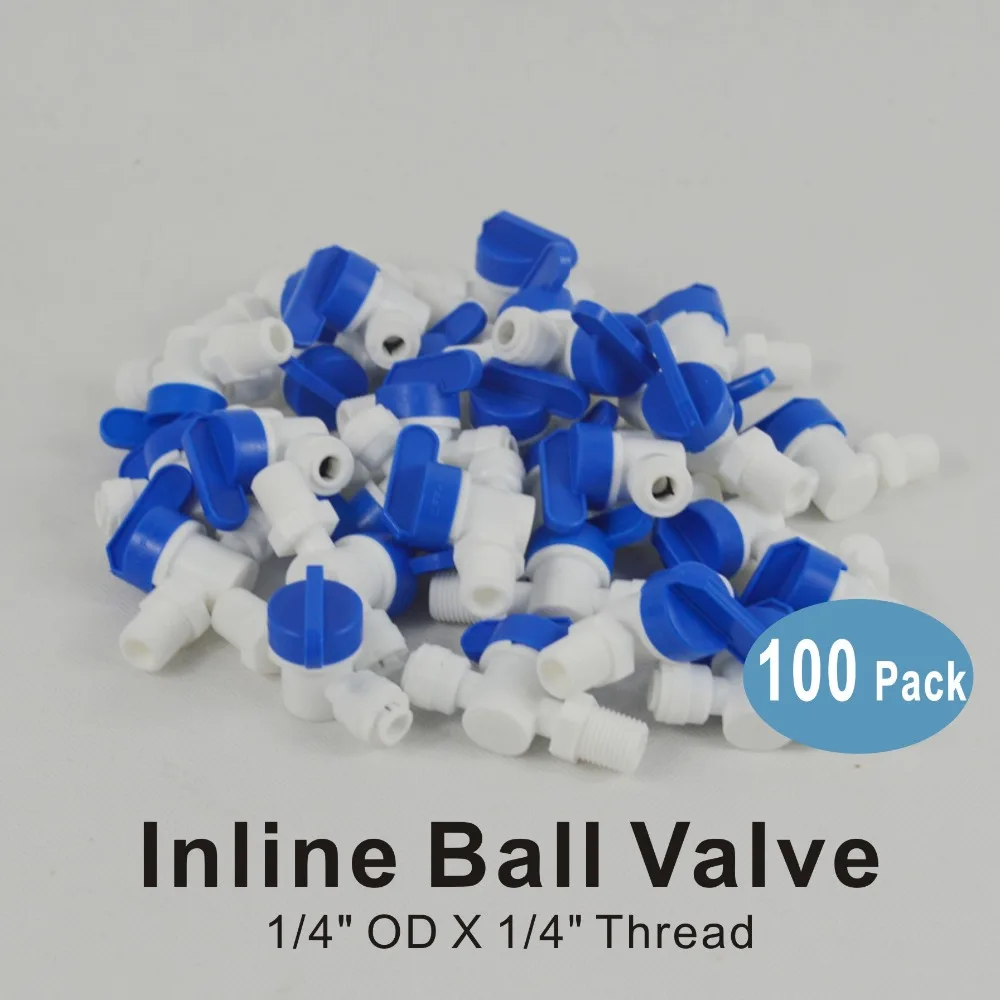 100 PACK OF Male Inline Ball Valve 1/4 Inch Thread to 1/4 Inch OD Quick Connector Fittings for Water Filters and RO Systems