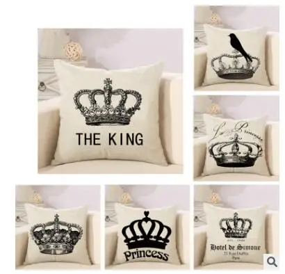 45x45cm Cotton Linen Crown Cushion Cover Black White Throw Pillow Case King Queen Pillow Cover Home Decor