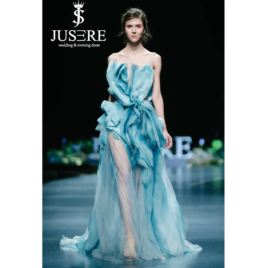 

JUSERE FASHION SHOW Ombre Blue Long Prom Dress Strapless See Through Floor Length Silk Party Dresses Vestido de festa longo