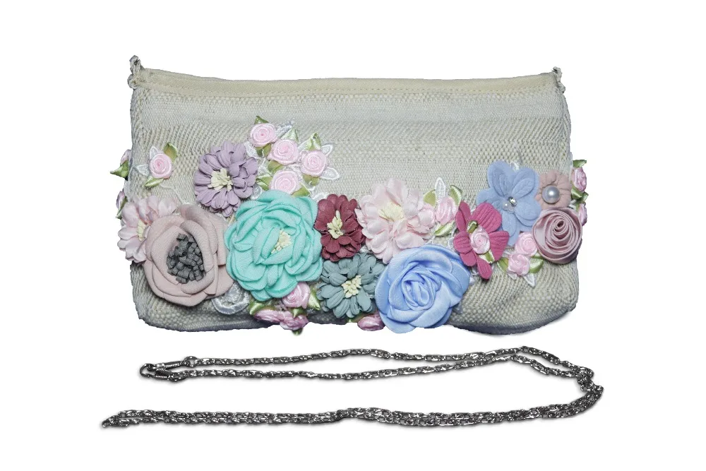 2019 Hand Made New designer women Linen bags female Hand made flowers with Peals 2 in 1 Purse Chain shoulder bag Cosmetic bag