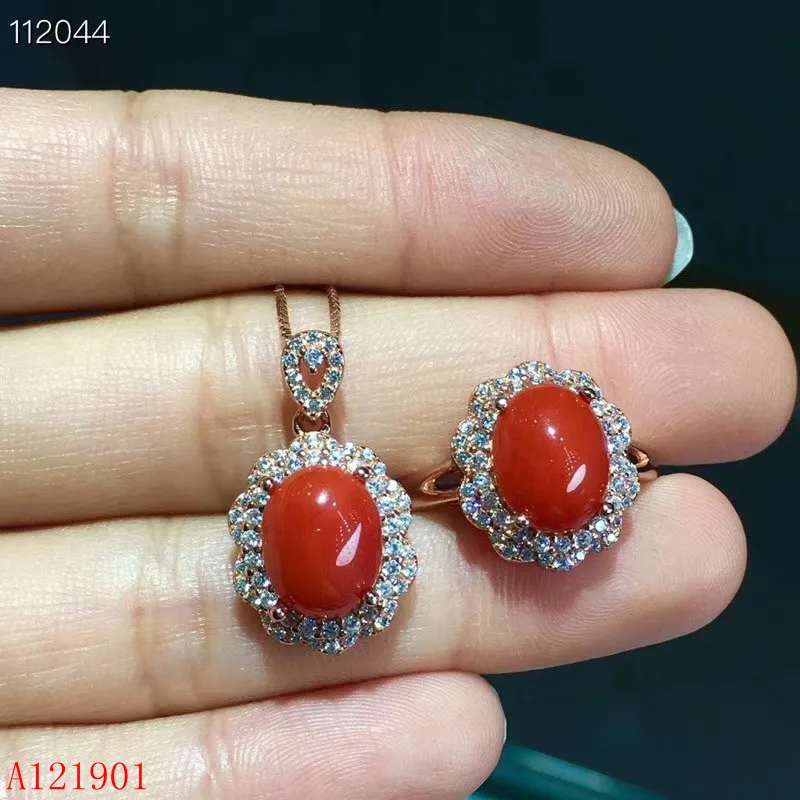 

KJJEAXCMY Boutique Jewelryar 925 Silver Previous Natural Red Coral Ruby Ring Pendant Necklace Set Support Detection