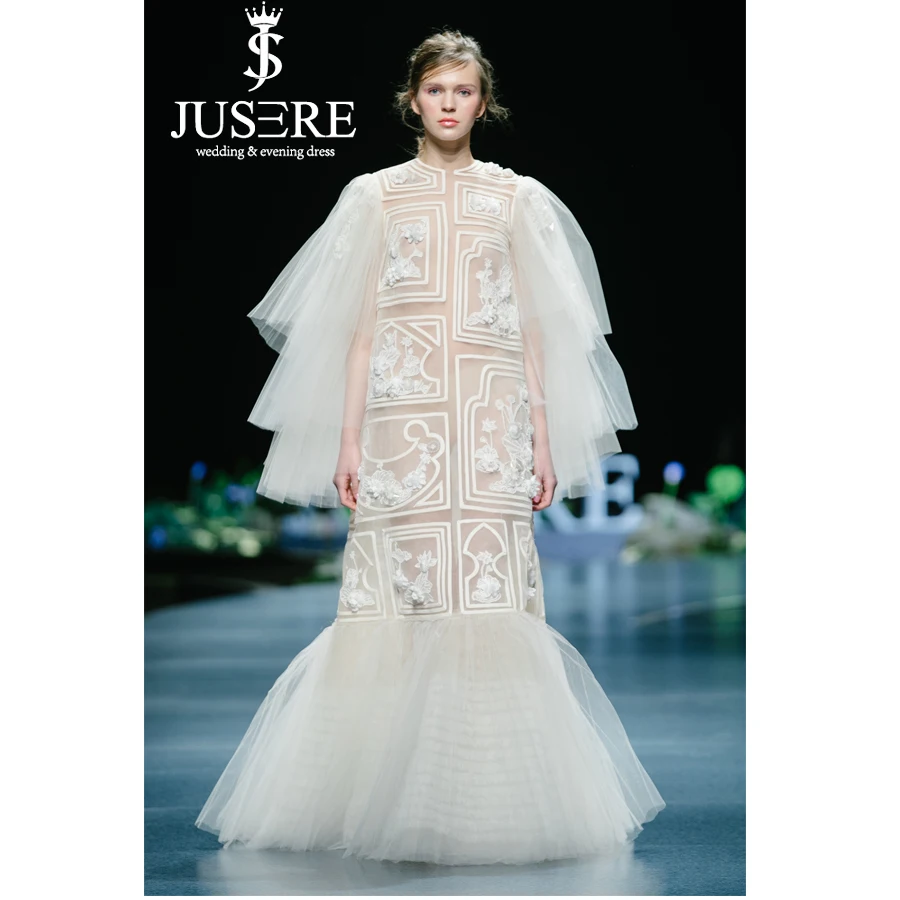 JUSERE FASHION SHOW Lace Ivory Wedding Dress Embroidery Long Sleeve Illusion Bridal Gowns Vestido de noiva