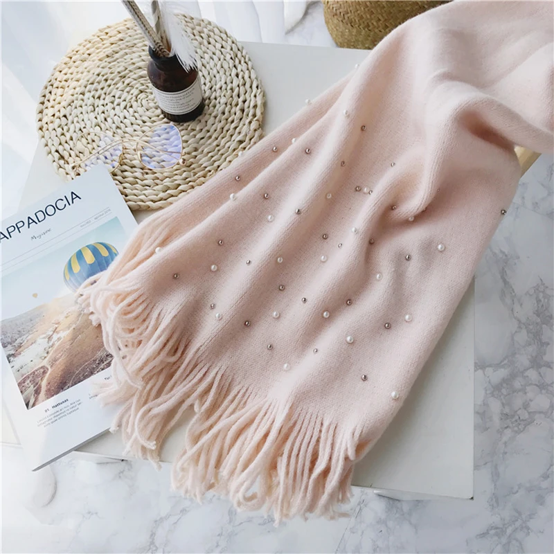 Luna&Dolphin Women Winter Scaves Warm Knitted White Pearl Nail Bead Soft Scarves Tassel Woolen Big Tippet Pashmina Blanket Shawl