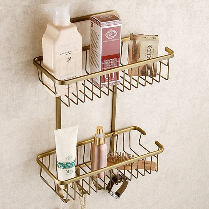 Multi Function Organizer Basket Shelf for Bathroom / Kitchen / Hotel / Motel, Antique Brass color, Corner Shelf, Shower Shelf