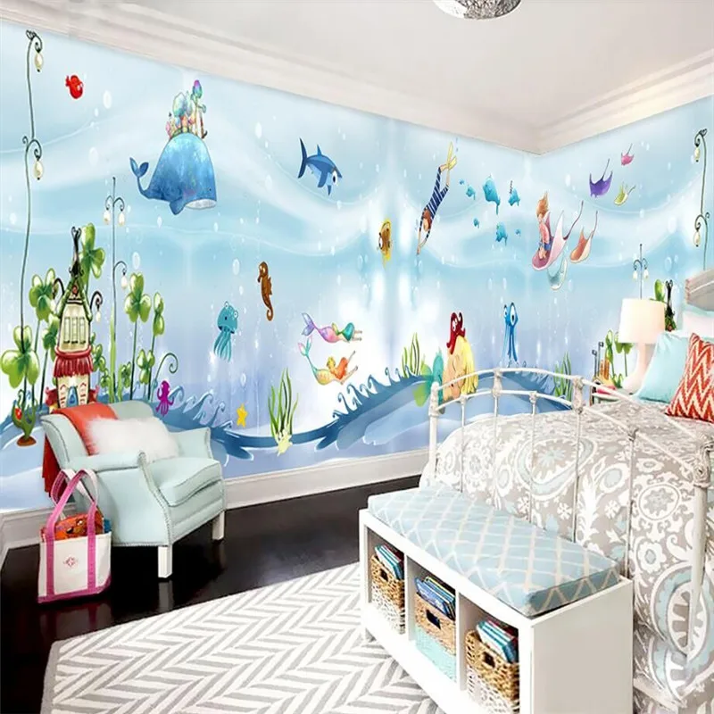 Underwater world children's room background wall customization, specializing in the production of wallpaper murals