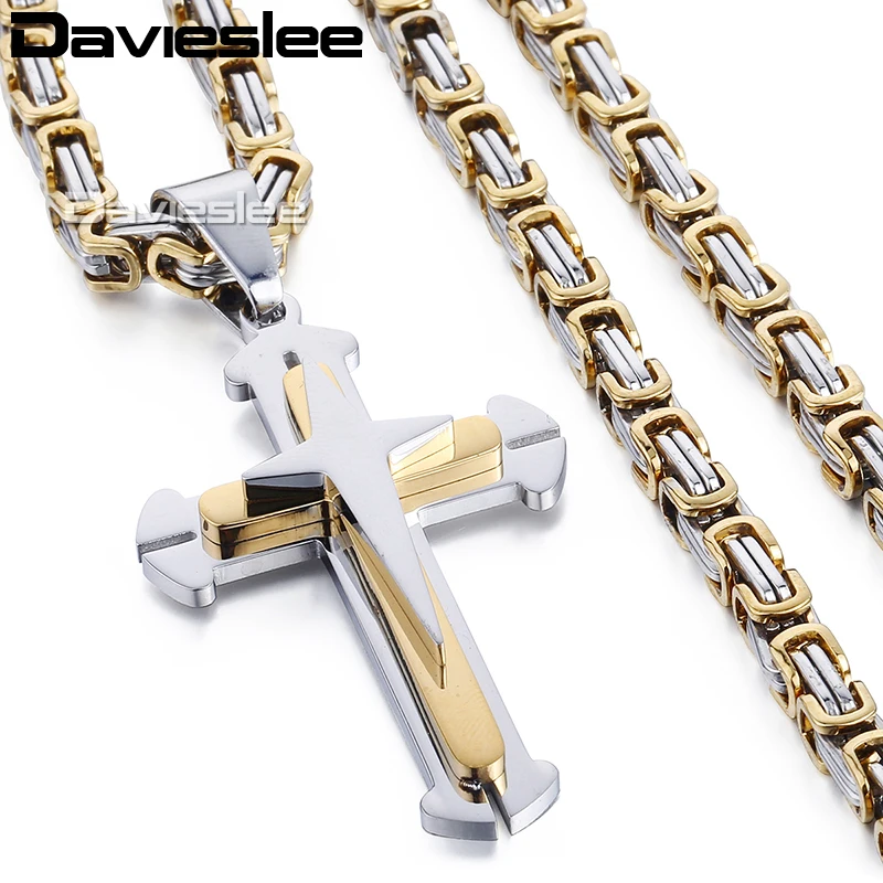 Davieslee Cutout Cross Pendant Necklace for Men Gold Black Silver Color Stainless Steel Wholesale Jewelry LKP180