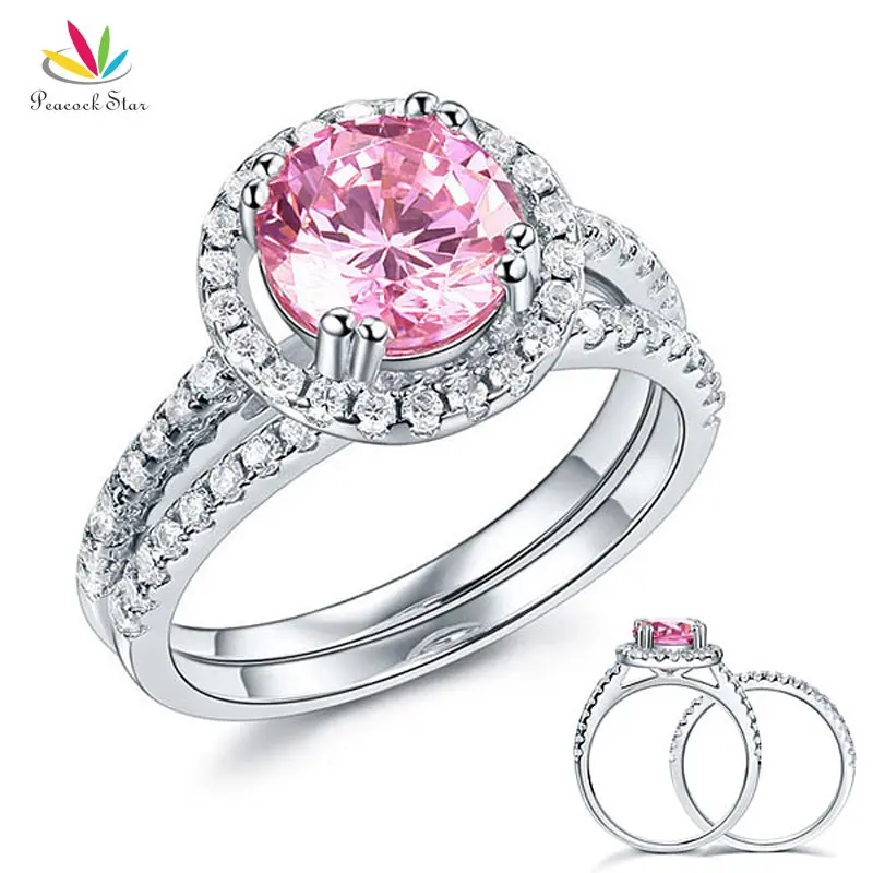 Peacock Star Solid 925 Sterling Silver Wedding Engagement Halo Ring Set 2 Ct Fancy Pink Wedding Jewelry CFR8220