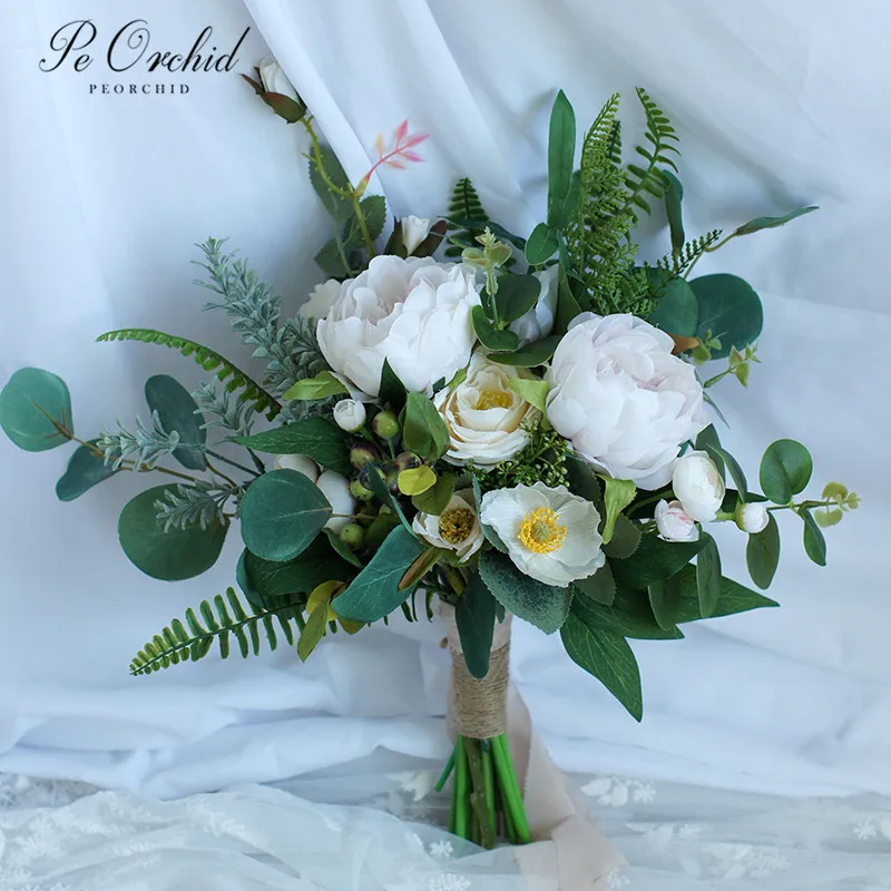 

PEORCHID Summer Wedding Bouquets Peonies Rose Elegant Boho Eucalyptus Bridal Bouquet With Peony Green Bridesmaid Bouquet Flowers