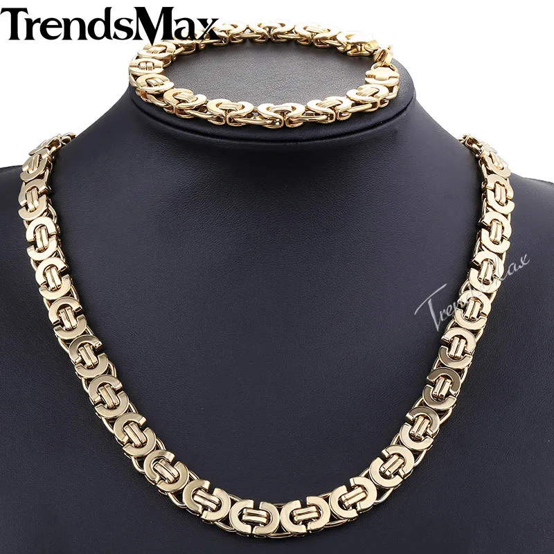 11MM Mens Chain Boys Gold Color Flat Byzantine Stainless Steel Bracelet Necklace SET Wholesale JEWELRY Fashion Gift KS78