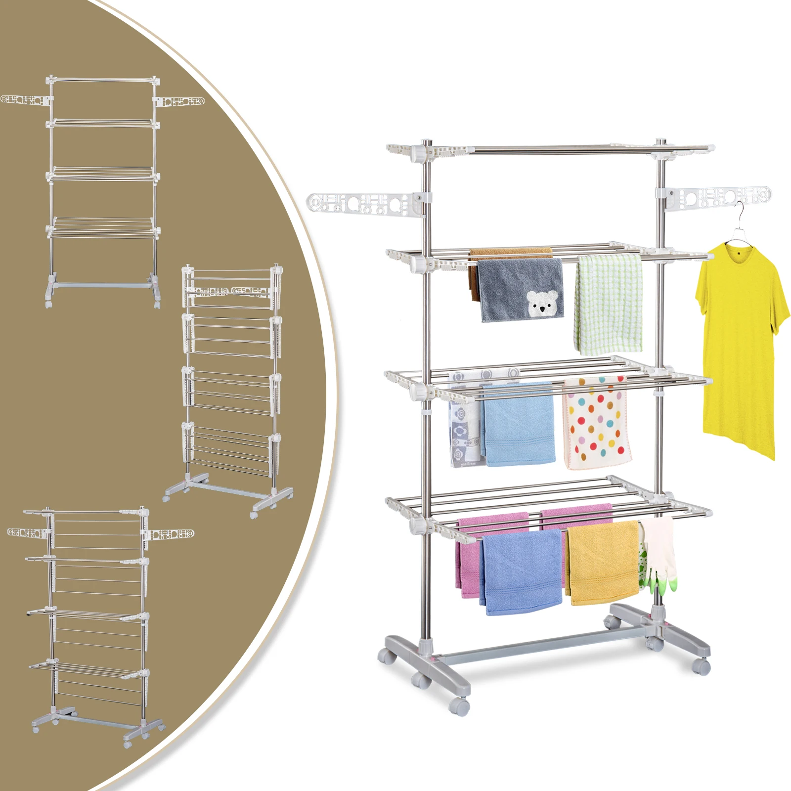 Homcom tendedero ple gable 4 niveles con 6 ruedas estantes acero 80-142x55x172 cm – Detail 15