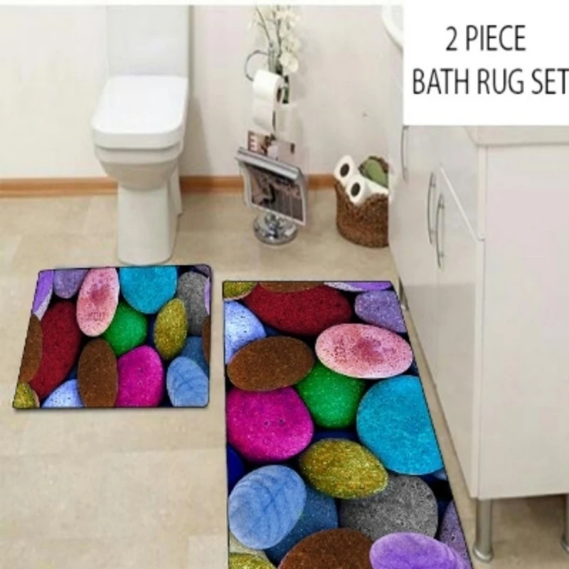 

Else Green Blue Pink Purple Love Pebble Stones 2 Pcs 3d Pattern Print Bath Mats Anti Slip Soft Washable Bathroom Mat Toilet Rugs