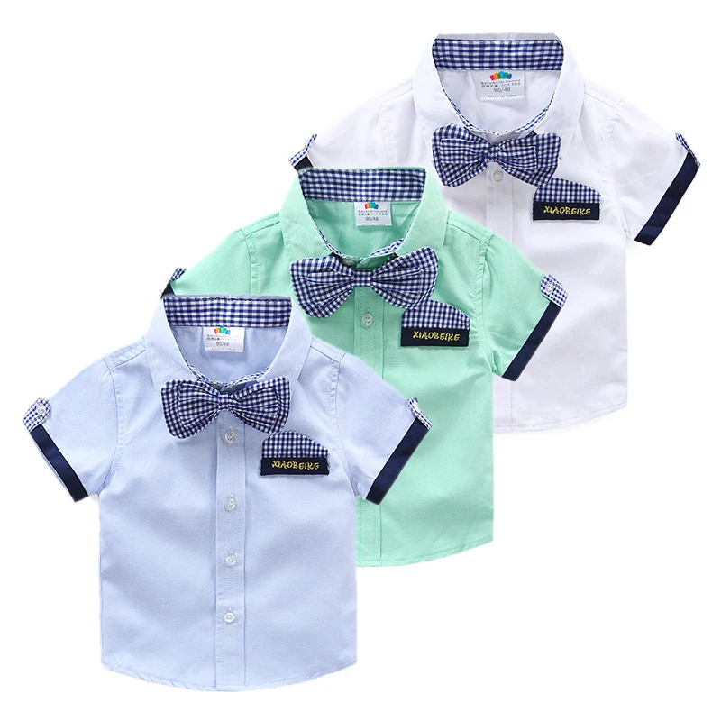 2024 Summer 2 3 4 5 6 8 10 Years Children\'S Birthday Party Clothing Cotton Short Sleeve Plaid Kids Handsome Boy Bow Tie Shirt