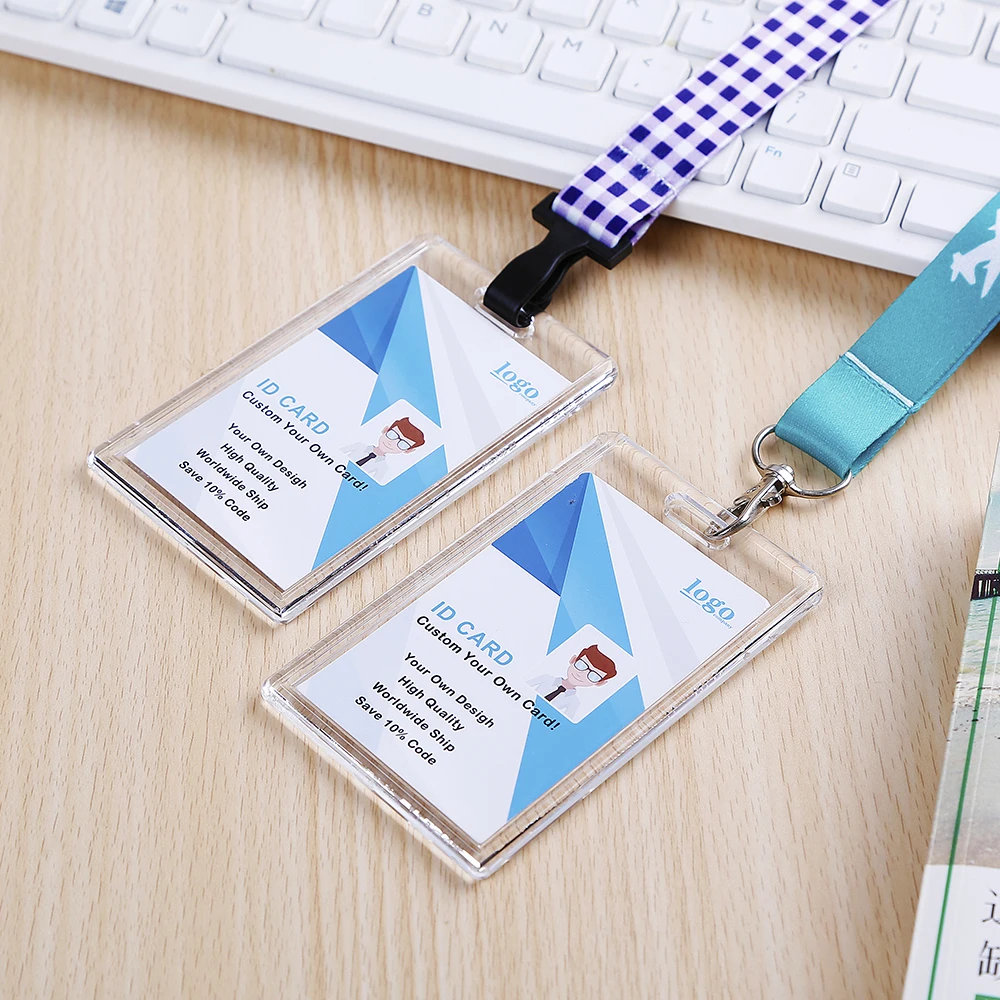 NO MOQ Acrylic Crystal Staff Access id lanyard Card badge holder for office school Exhibition with custom lanyard neck strap