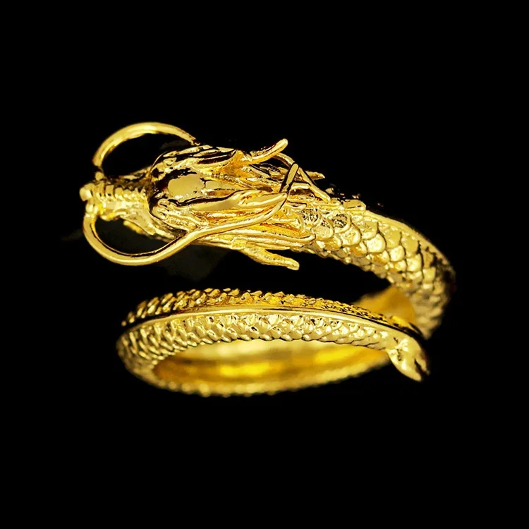 Adjustable Gothic Punk Rock Mystic Flying Chinese Dragon Shenlong Open Ring Gold Tone Men Jewelry Gift