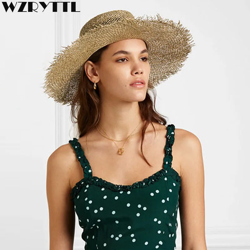 2019 Fashion Fray Boater Hat Wide Brim Sun Hats for Women Natural Woven Seagrass Beach Hat Cool Summer Straw Hats Kentucky Derby