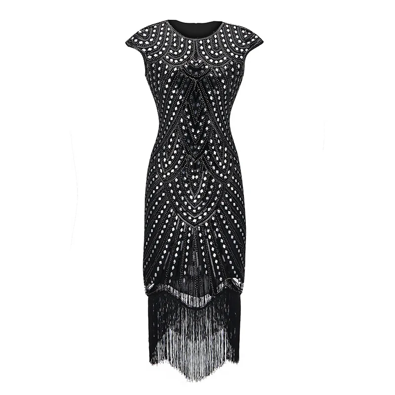 Womens 1920s Vintage Flapper Great Gatsby Party Dress O-Neck Sleeve Sequin Fringe Midi Dresses Accessories Art Deco Embellished