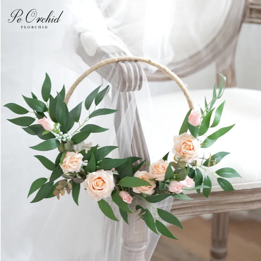 PEORCHID Silk Flowers Hoop Bouquet Boho Floral Hoop Bridesmaid Wreaths Rose Rustic Wedding Bouquet Artificial Door Wreath 2019