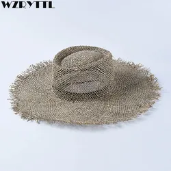 Women Fray Woven Seagrass Boater Hat Casual Sun Beach Hat Cap Wide Brim Summer Hat Unisex Straw Hats for Kentucky Derby Travel