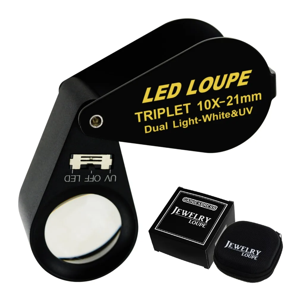 

10x 21mm Loupe Jeweler Magnifier LED UV Light Triplet Lens Magnifying Gem Black Frame for Inspecting Diamonds Gemstones