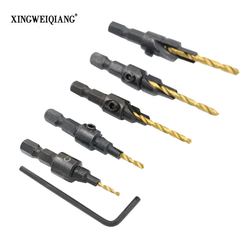 5pcs HSS titanium Countersink Drill Bits 1/4 (6.35mm) Quick Change Hole Hex Shank Screw drill