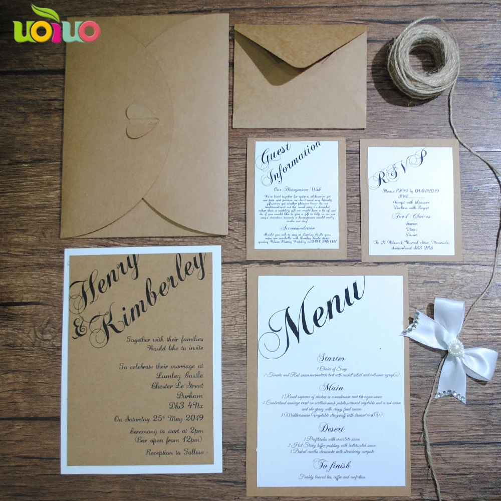 Luxury Vintage Invitation Card Wedding Favor Custom Print Menu Card Rsvp Card with Envelop 10sets