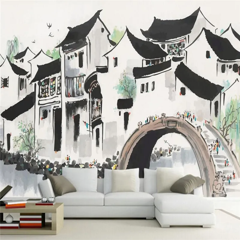 Customized personality Jiangnan ink gallery TV background wall manufacturers wholesale wallpaper mural professional production p