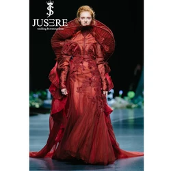 JUSERE FASHION SHOW Burgundy High Collar Long Evening Dress Lace Appliques Embroidery Flower Floor Length Formal Gowns