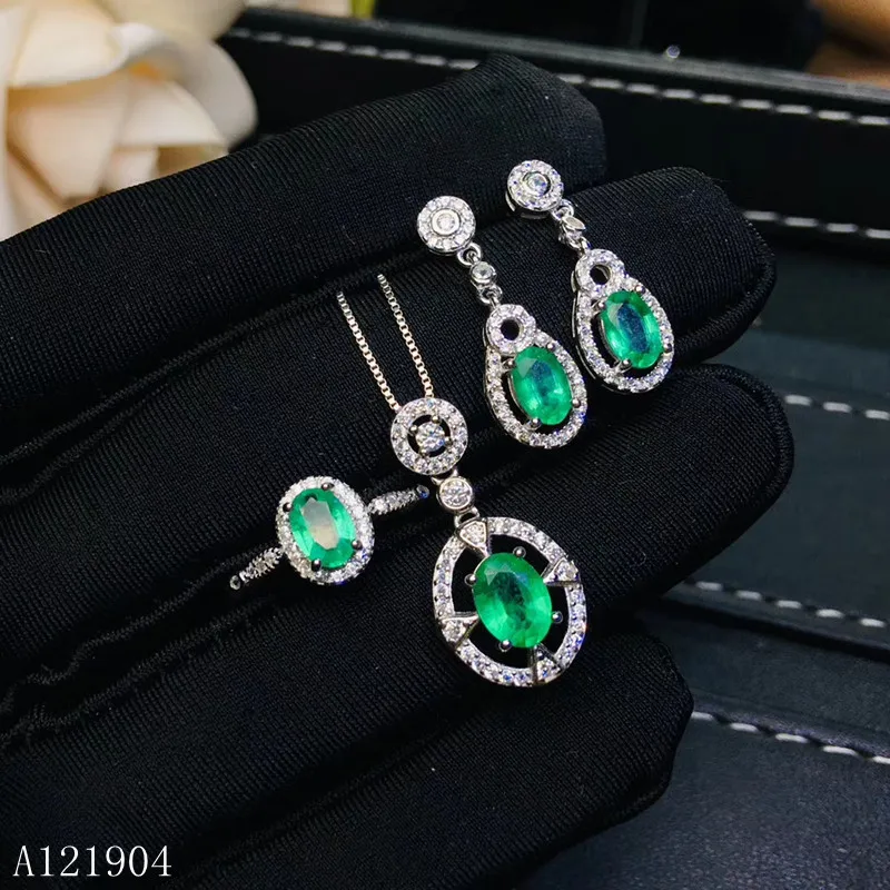 

KJJEAXCMY boutique jewels 925 sterling silver inlaid natural emerald jewelry female pendant ring earrings set support test