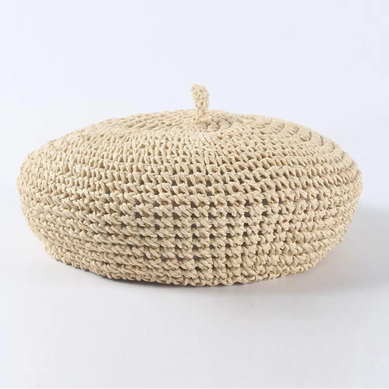 New fashion berets adjustable straw beret women straw hat Ladies Flat Solid Cap French Style Hand Hook Papyrus Beret Hat