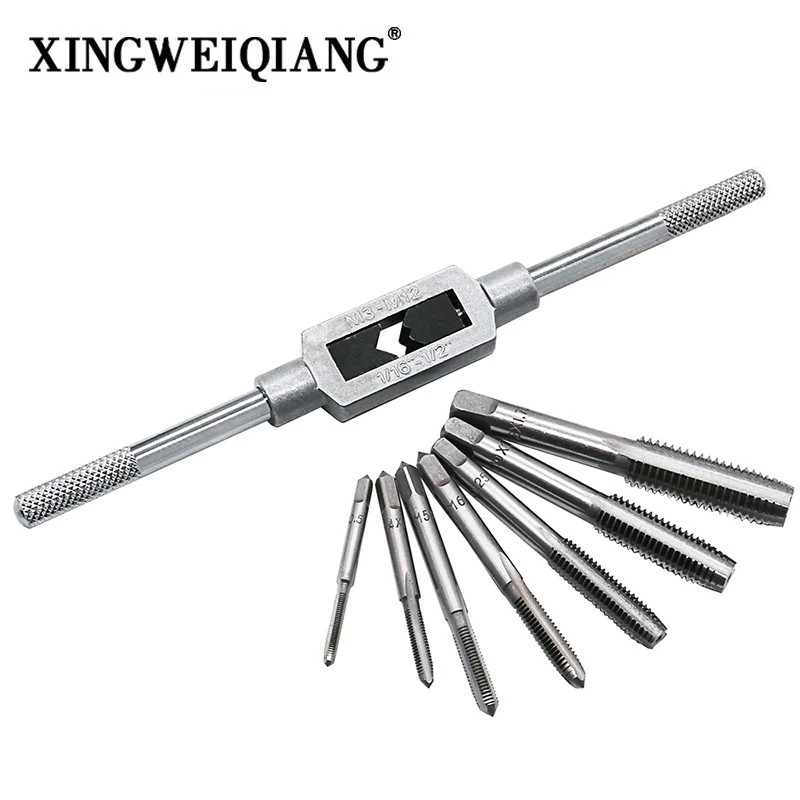 

XINGWEIANG 8pcs Thread Metric Machine Hand Screw Thread Plug Taps Set M3 M4 M5 M6 M8 M10 M12with Adjustable Tap Wrench1/16-1/2''