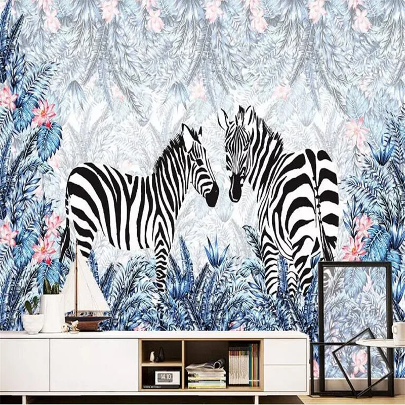 Hand painted tropical plants zebra background wall paper mural manufacturers wholesale wallpaper mural custom photo wall