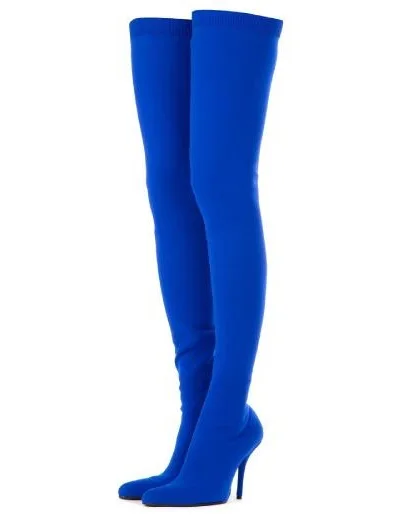 Drop Shipping Fashion Woman Solid Blue Or Black Elastic Thin Heels Slim 100 mm Heels Over The Knee Long Sexy Boots Lady Size 42