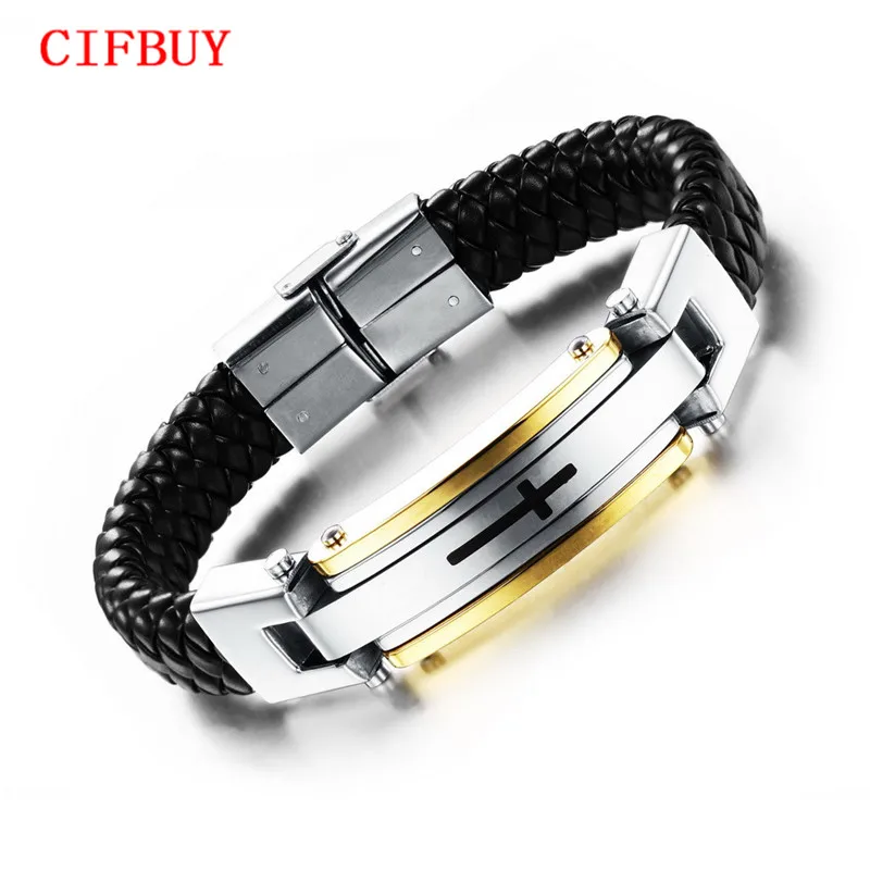 

CIFBUY Vintage Leather Wrap Bracelet For Man Fashion Handmade Knitted Bangle Black/Gold Color Full Steel Cross Men Jewelry PH916