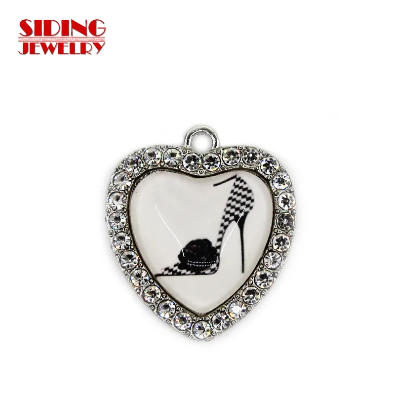 2018 New Arrival 10pcs/lot High Heeled Shoes 3 Crystal Heart Dangle Charms DIY Bracelet Necklace Pendants Jewelry Hanging Charms