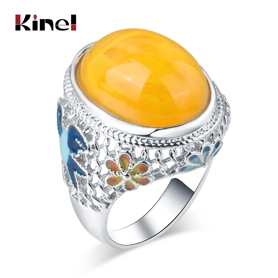 Kinel Vintage Jewelry Chinese Style Enamel Ring Mosaic Stone Silver Color Rings For Women Best Friend Gift